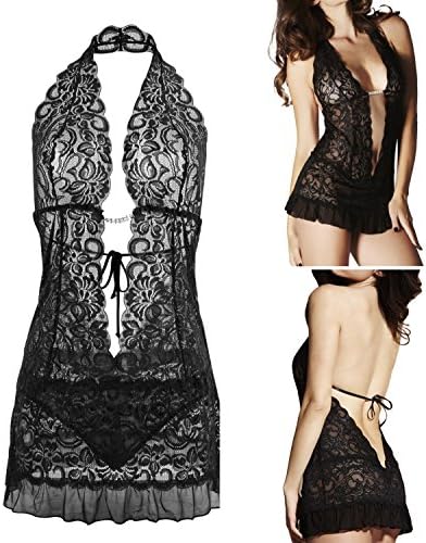 Women Lingerie V-Neck One Piece Chemises Fashion Sexy Lace Babydoll Halter Bodysuit Stretch Deep V Halter Leotard Jumpsuit Dress Pajamas Underwear Female Piece
