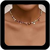 Iaceble Boho Rainbow Beaded Choker Necklace Dangle Star Necklace Chain Beach Bead Choker Necklace Colorful Seed Bead Necklace Jewelry for Women