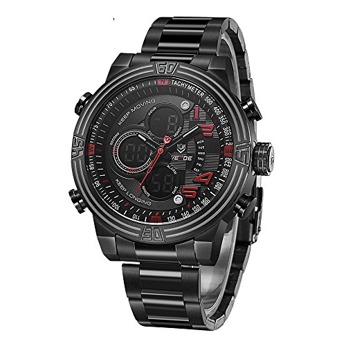WEIDE Men's Analog Watch Date Day Back Light LCD Quartz Digital Wrist Watch for Men Dress Stainless Steel Band Black