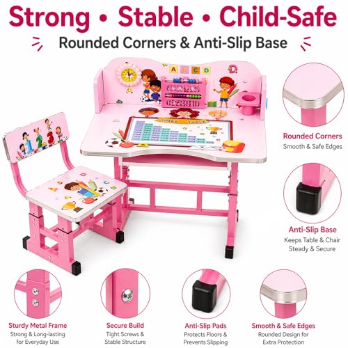 Toshionics Adjustable Kids Study Table & Chair Set | Egonomic Study Desk with Learning Board & Clock, Adjustable Height School Desk with Storage Cup Tiltable Desktop for Kids 3-15 - Pink