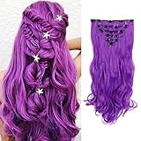 Creamily 8 Pcs Full Head Party Highlights Clip on in Hair Extensions Multi-Colors Synthetic Hairpieces (20-Inch Curly, Purple)