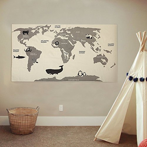 Jeteven Canvas World Map Kids Rug Child Play Mat Baby Nursery Crawling Carpet Hanging Tapestry Home Decor 90x140cm/35x55in