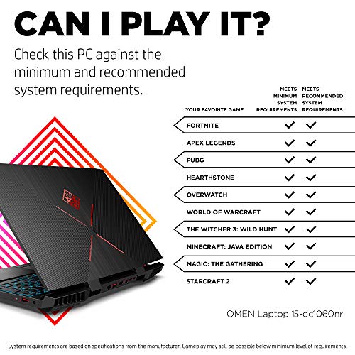 OMEN by HP 2019 15-inch Gaming Laptop, 9th Gen Intel i7-9750H, NVIDIA GeForce RTX 2070 with Max-Q (8 GB), 16 GB RAM, 512 GB Solid-State Drive, VR Ready, Windows 10 Home (15-dc1060nr, Shadow Black)