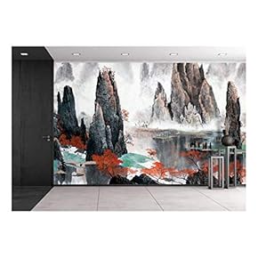 Chinese Landscape Misty Mountains and Water - Removable Wall Mural | Self-Adhesive Large Wallpaper - 66x96 inches