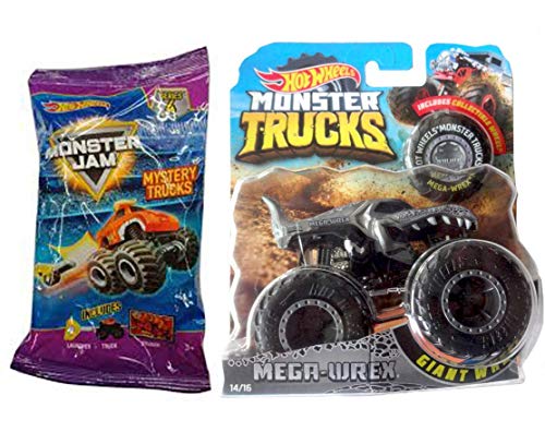 WrexWheels 2018 Gray Mega Monster Jam Big Action Hot Wheels Wrex Dino Truck Creature Tyrano Teeth New Mini 1:64 Scale Giant Wheels Version & Blind Bag Mini Monster Truck with Launcher 2 Item Bundle