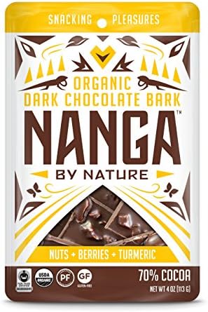 Nanga By Nature - Organic Dark Chocolate Bark - Nuts Berries Turmeric Flavor - Fair Trade - Sprouted - Gluten Free - Vegan - 4oz Pouch (3 pack)