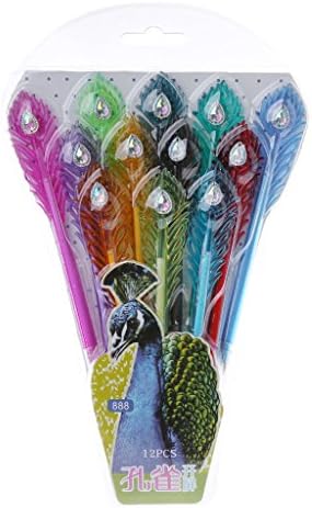 zobeen 12Pcs Colorful Peacock Feather Shape Gel Ink Pen Refills Stationery School Gift