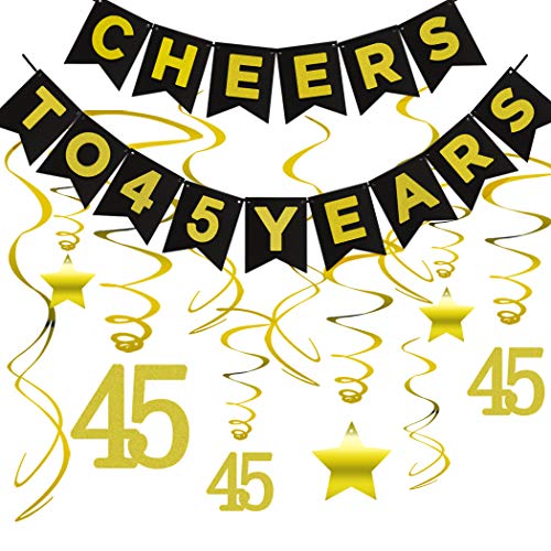 45th BIRTHDAY PARTY DECORATIONS KIT - Cheers to 45 Years Banner, Sparkling Celebration 45 Hanging Swirls, Perfect 45 Years Old Party Supplies 45th Anniversary Decorations
