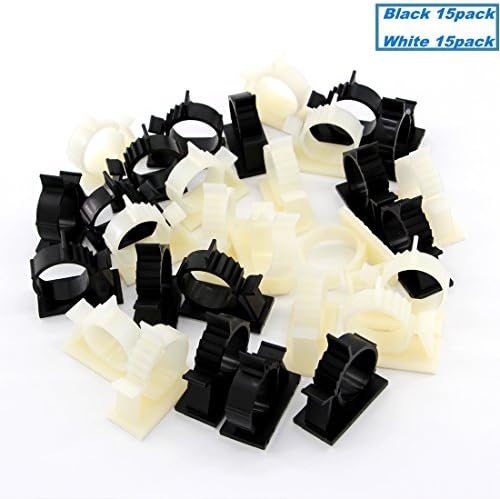 Particularly Large Adjustable Super Sticky Adhesive Cable Management Clips, 15 Pack Black Color + 15 Pack White Color, Durable Wire Clamps Cable Ties Holder for Car, Home and Office