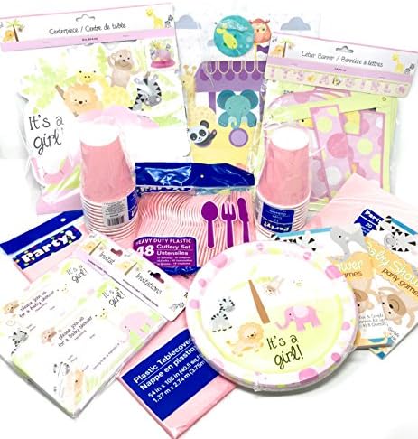 Jungle Animal Baby Shower Kit with Plates, Napkins, Cups, Silverware, Tablecloth, Decorations, Invitations, Games and More (Pink)