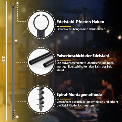 Kaitenv 3.2 m Metal String Light Poles Pack of 2 for Outdoor Use - Fairy Lights Poles with Spiral Design, Corrosion Resistant & Weatherproof for Patio, Garden, Party & Christmas, Black [Energy Class A]