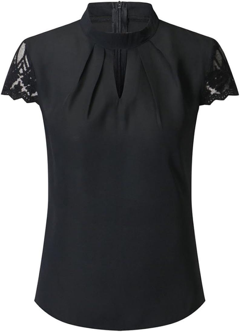 WM & MW Women Blouse Casual Office Solid Chiffon Lace Splice Short Sleeve Zipper Turtleneck Slim 