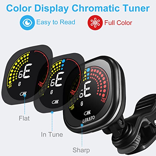 LEKATO Guitar Tuner Rechargeable, Clip-on Chromatic Tuner with Color Screen for Acoustic/Electric Guitar, Bass, Ukulele, Violin, Bright Display