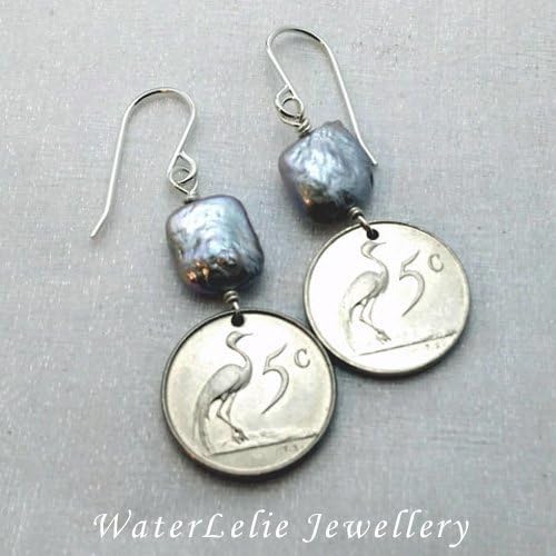 Bird Coin Earrings. Coin Earrings. Bird Earrings. South Africa Blue Crane earrings. Freshwater pearl earrings.