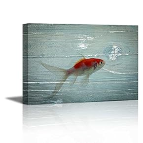 Canvas Prints Wall Art - Red Golden Fish on Vintage Wood Background Rustic Home Decoration - 12" x 18"