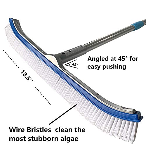 SANDEGOO Swimming Pool Brush, 8 FT Extension 18.5"Polished Aluminum Rear Pool Cleaning Brush Head Designed to Clean Wall Tiles and Floors Nylon Bristle Algae Pool Brush (8 FT)