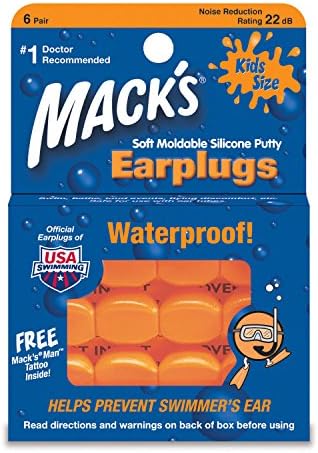 Macks Waterproof Reusable KIDS Learn to Swim Ear Plugs silicone 6 PAIRS Orange