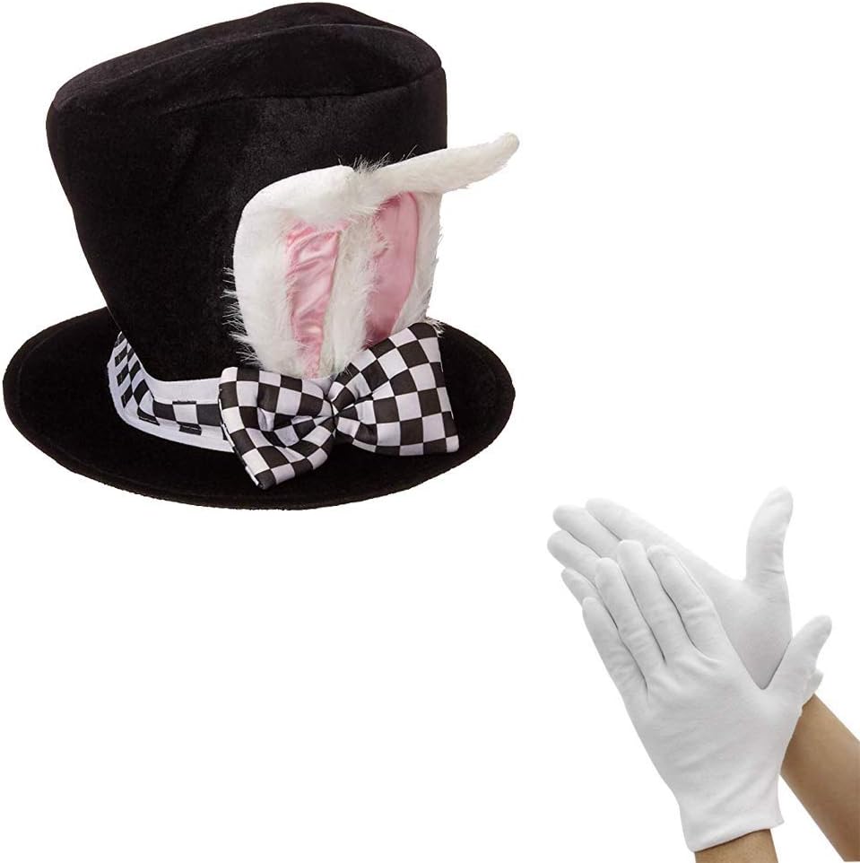 Black Velvet Bunny Hat White Rabbit Ear Costume Accessory with White Gloves