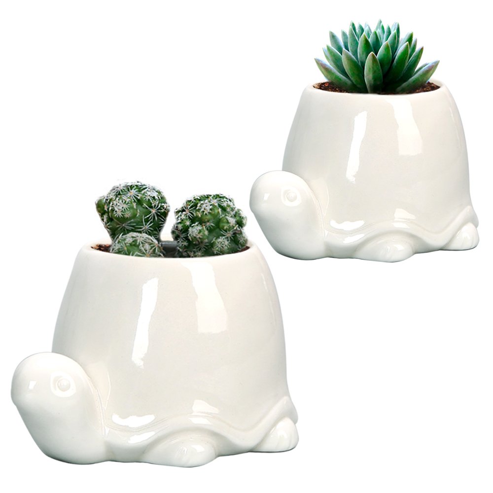 GeLive White Turtle Ceramic Succulent Planter, Tortoise Plant Pot, Windowsill Box, Animal Flower Container, Tabletop Decor with Drainage Hole (Set of 2 Tortoise)