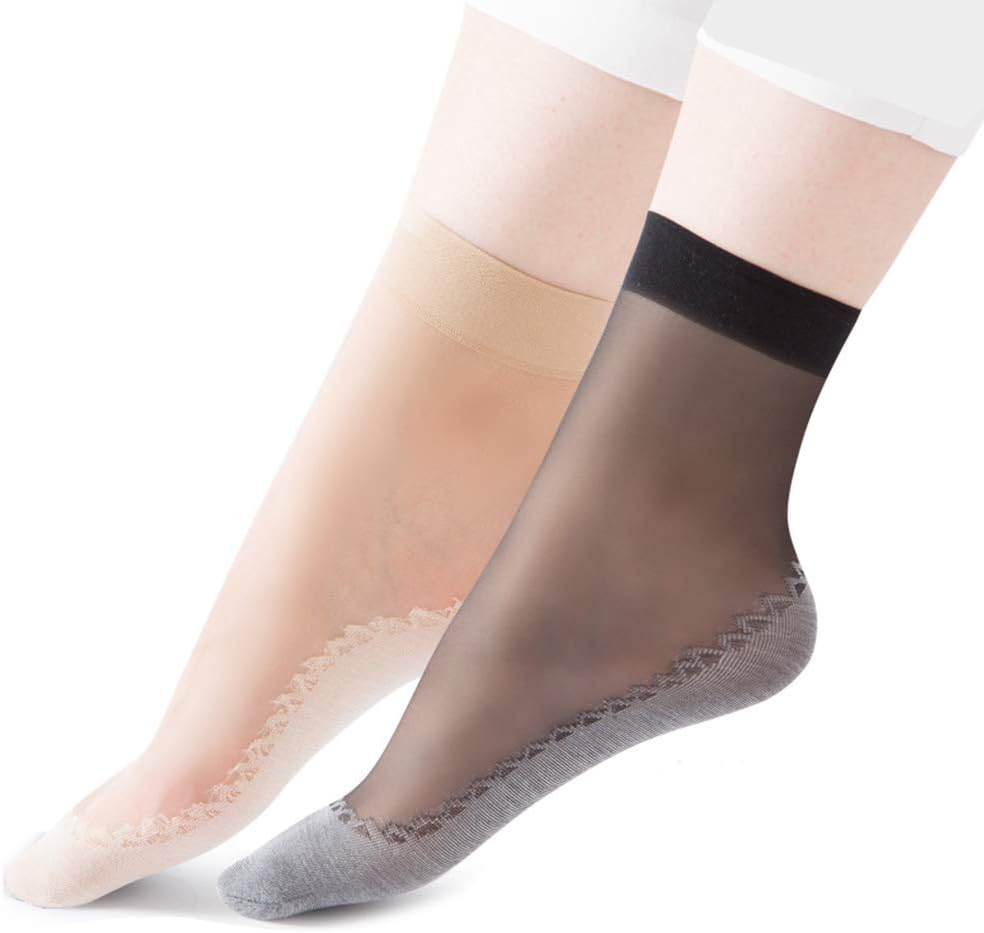 HaloVa Women's Silk Stockings, Ultra-Thin Cotton Sole Short Ankle Socks, 10 Pairs
