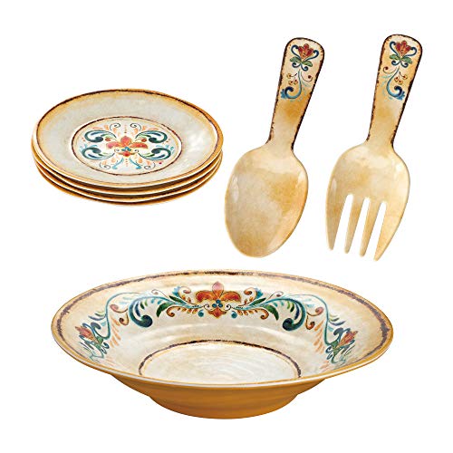 Gourmet Art 7-Piece Tuscany Melamine Salad Serving Set, Service for 4. Includes Serving Bowl, 4 Salad Plates, Salad Spoon and Fork. Ideal for Party, Wedding, Event, Birthday and Everyday Use.