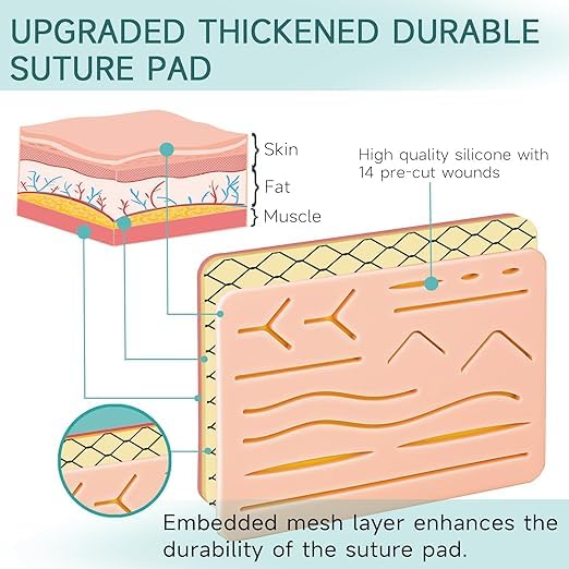 Almohadilla de Práctica de Sutura de Silicona,Kit Práctico de Sutura de 3 Capas,pad de sutura liso con 14 incisiones y heridas,para ser Utilizado por los Estudiantes Entrenamiento y Práctica (6)