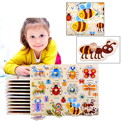 SIPLIV Wooden Pegged Puzzles Set Learning Puzzles Board for 2-5 Years Old Kids Preschool Early Education Toys and Games, 2 Pcs - Animals and Insects - Thumbnail 4