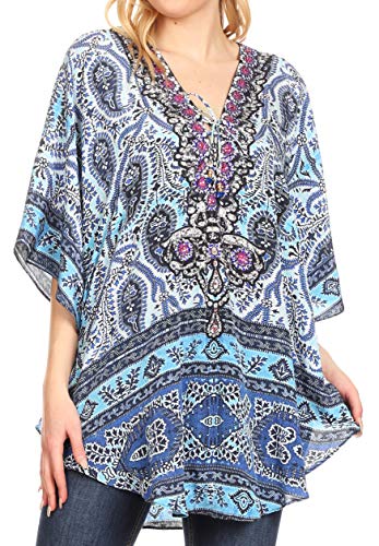 Sakkas P22 - Balloon Top Tallulah Wide Circle Blouse Poncho Top with Tie Neck Enclosure with Bead - MW28-White - OS