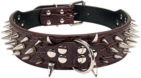 Aolove 3 Rows Spiked Rivet Studded Metals Buckle D-ring Adjustable Leather Pet Collar for Medium Large Dogs (Medium (Neck 17-20''), Brown)