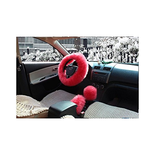 1 Set 3pcs Fuzzy Car Accessories Winter Warm Wool Steering Wheel Cover for Girl Handbrake Cover Gear Shift Cover Fit Most Car (Pink)