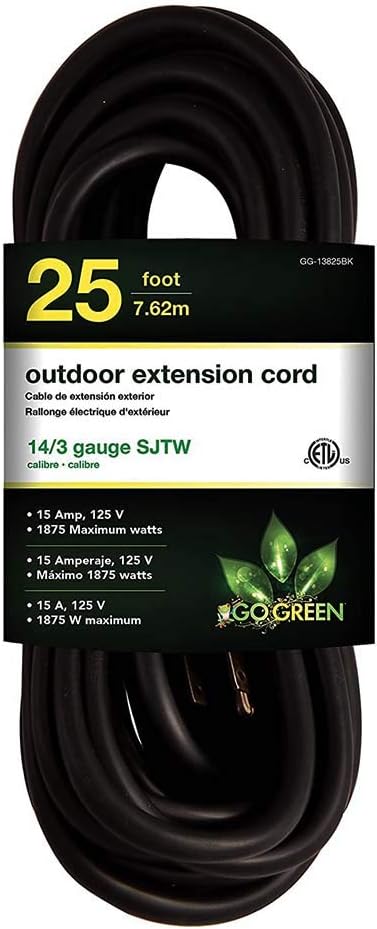 Go Green Power GG-13725BK 16/3 25' Heavy Duty Extension Cord-Black, 25ft, 25 Ft - - 