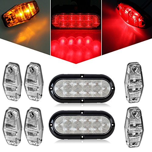 Partsam Led Trailer Light KIT, 2x 6″ Oval Clear Lens Stop Turn Brake Red Tail Light Lamp Flange Mount + ( Pack of 6 ) Side Led Marker Lights Fender Lights(Red & Amber), Boat Trailer Lights