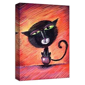 Canvas Wall Art Black Cat Red Background Painting Artwork for Home Prints Framed for Kids - 12x18 inches