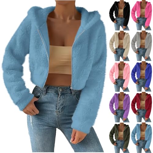 Winter Jackets for Women UK Warm Fleece Cropped Coats Zip Up Long Sleeve Fuzzy Hoodies Soft Lightweight Plush Coat Ladies Solid Color Casual Hooded Jacket