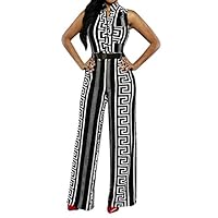 Pink Queen Women Black Geometric Sleeveless Button Loose Jumpsuits Rompers, XX-Large, Black Geometric