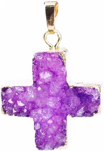 Cross Pendant Necklace Geode Druzy Quartz Agate Stone Pendant Bracelet Decoration (Small Purple)