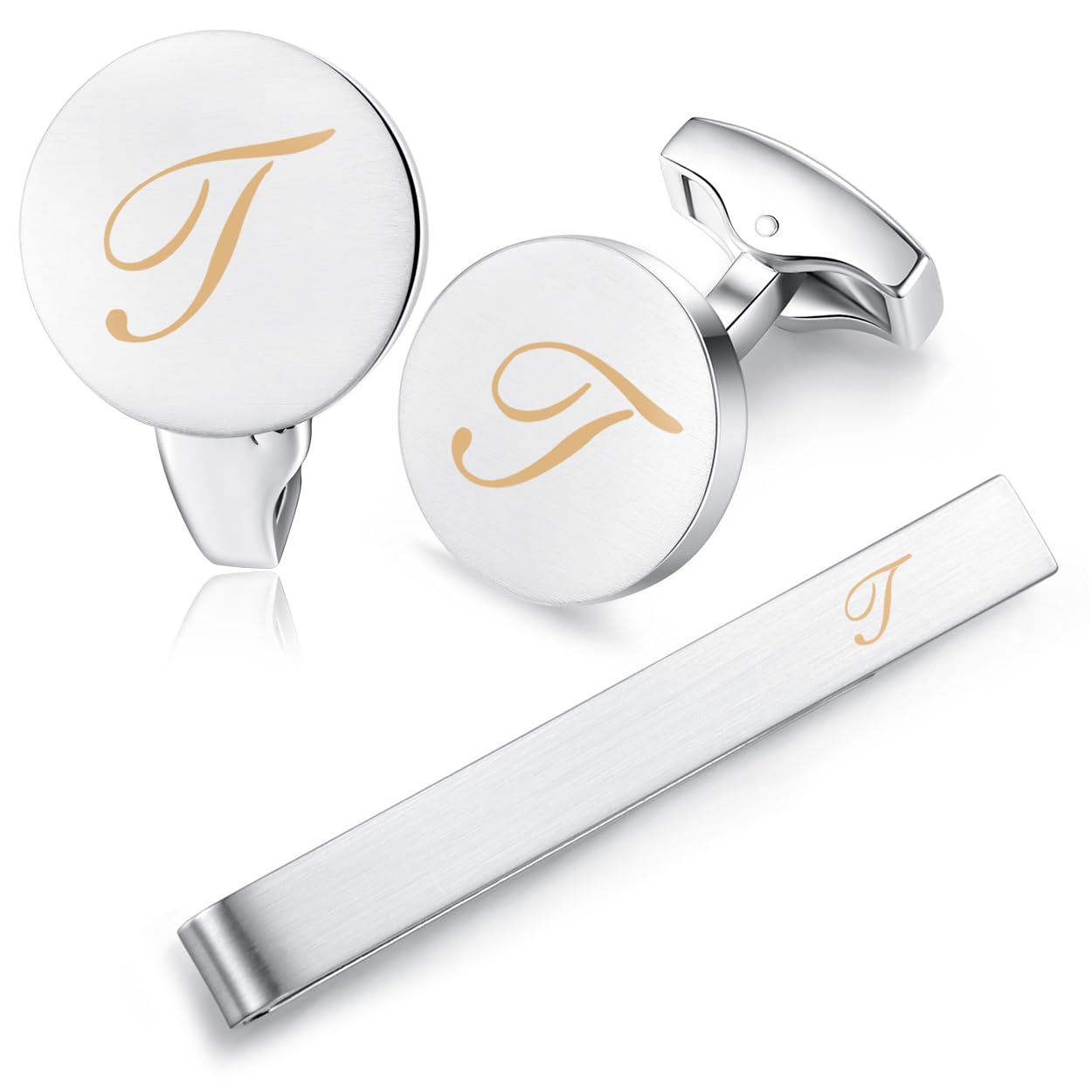 HONEY BEAR Initial Alphabet Letter Cufflinks Tie Clip Set for Mens - Brushed Silver Round Stainless Steel, for Business Wedding Gift A - Z (T)
