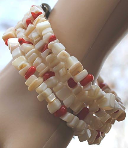 Mother-of-pearl shell (natural) + Red Dyed Coral, small chip, Memory Wire Wrap Bracelet Medium