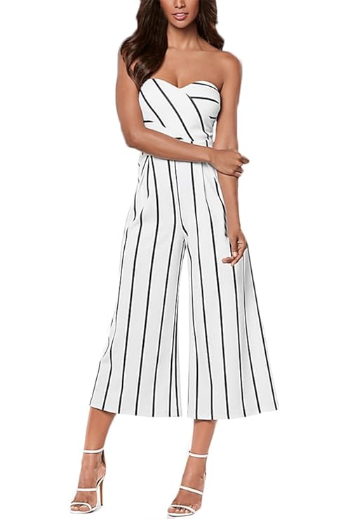 Damen Sommer Overall Jumpsuits Lang Elegant Bandeau gestreift Taille