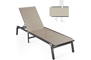 WOAJNQO Aluminum Chaise Foldable Patio Lounge Chair Outdoor, Metal Deck Lounger Adjustable 5-Position Recliner Pool Chase Breathable Full Flat Outside Sun Tanning Chairs for Beach/Poolside/Lawn(Khaki, 1 Pack)