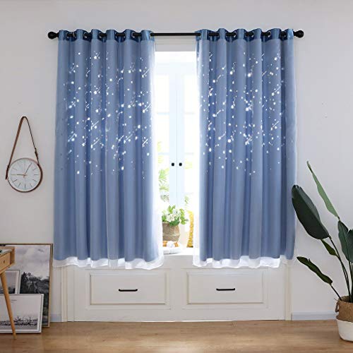 Curtain Panels Window Draperies, Iuhan Hollow Meteor Shower Tulle Door Window Curtain Drape Panel Sheer Scarf Valances (Blue) - Thumbnail 3
