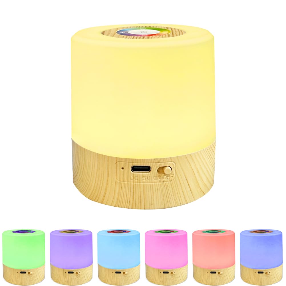 TIYUPA Mini LED Night Light, Touch Control Smart Table Bedside Lamp, Timing 2/4 Hours, Dimmable, USB Rechargable, Portable, RGB Color Changing for Children, Bedroom, Breastfeeding (Woodgrain)