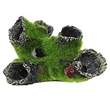 Aquarium Rock Cave Decoration with Green Grass for Fish Shrimp Hiding Aquarium Ornament