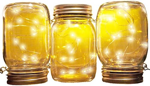 Mason Jar Solar Lights | 3-Pack | Jars, Inserts, Hangers Included | 15 Warm White LED Lights Per Jar | Fairy String Firefly Regular Mouth Patio Lighting