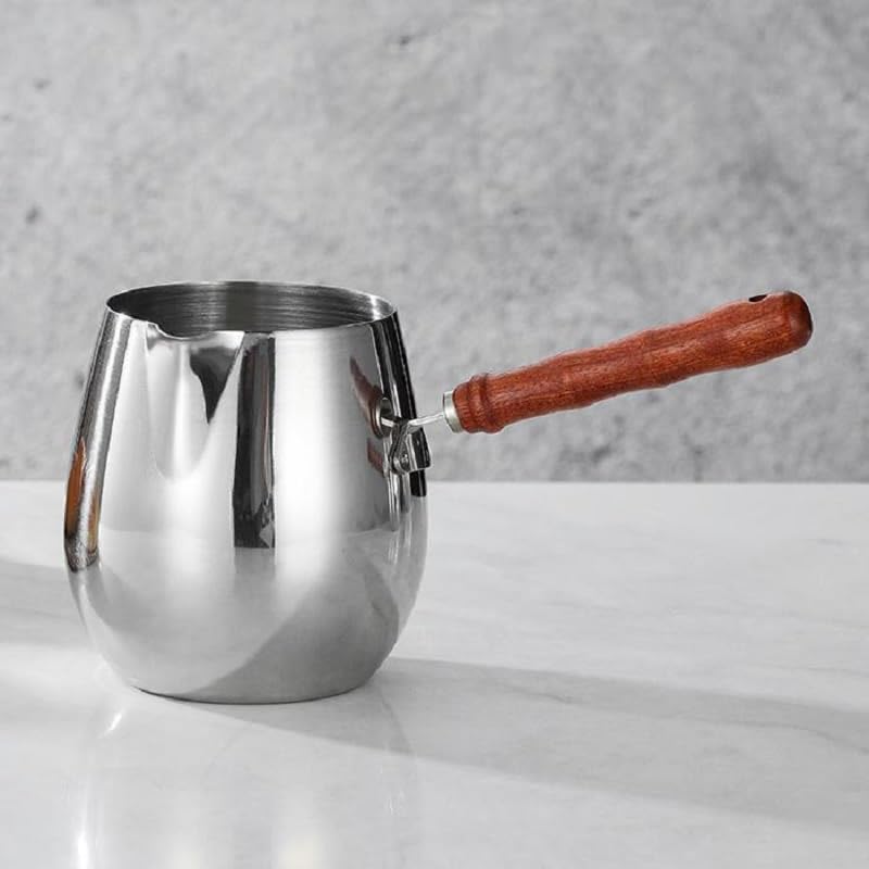 Turkish Coffee Pot 20oz/600ml with Wooden Handle, 18/8 Stainless Steel, Cezve Ibrik Briki Stovetop Warmer for Milk Butter Chocolate Melting, Greek Arabic Coffee Maker, Maple Syrup & Sauce Heating Pan