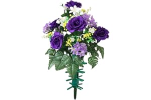 GENERIC Artificial Silk Cemetery Grave, Sympathy Bouquet (Rose Hydrangea: 23") (Bouquet Holder, Purple)