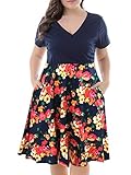Nemidor Women's V-Neck Print Pattern Casual Work Stretchy Plus Size Swing Dress (Navy+Print, 18W)