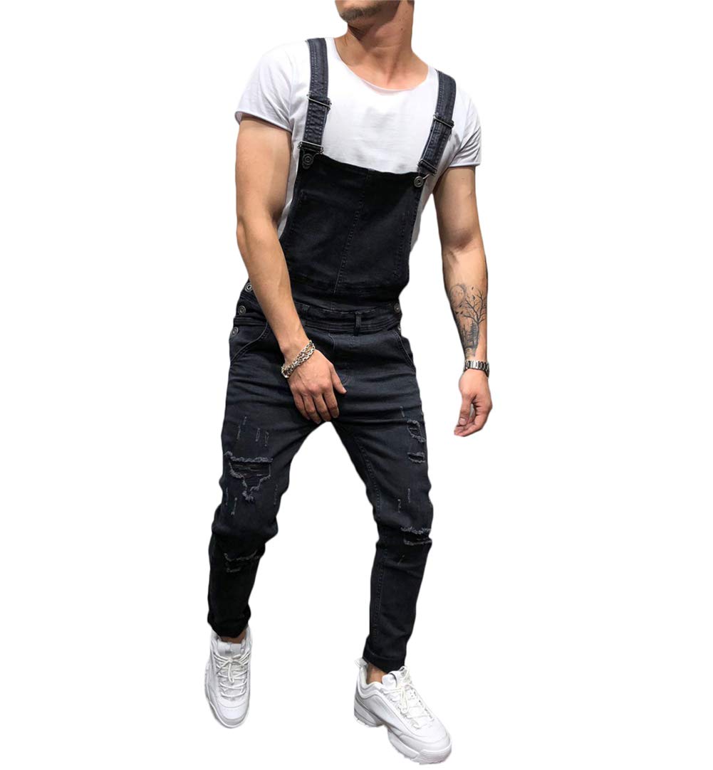Men's Denim Bib Overalls Fashion Ripped Jeans Slim Jumpsuit with