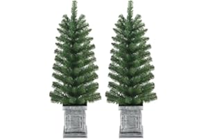 Green Porch Christmas Trees Pre-Lit Slim 3.5' Set of 2 – Outdoor & Indoor Artificial Holiday Décor with Warm White LED Lights