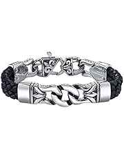 COOLMAN Herren Leder Armband Schwarzes u. Silbernes Stulpe Armband Wristband für Männer (Mit Hochwertiger Schmuck schatulle) - 22 cm